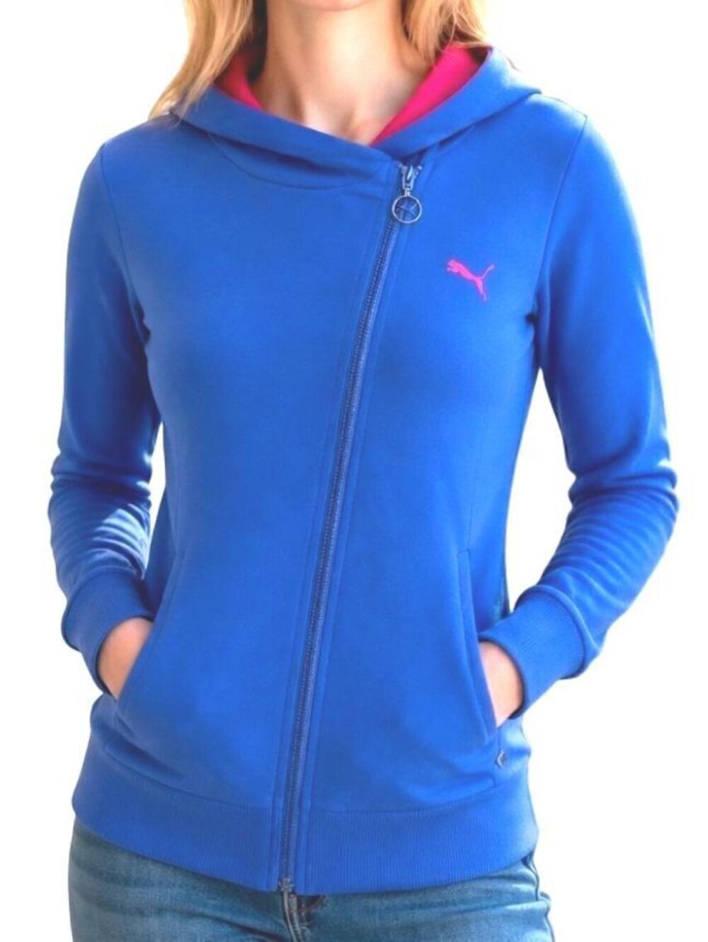PUMA Sport Lifestyle Womens (L) Blue/Pink Asymmetrical-Zip Hoodie Sweatshirt